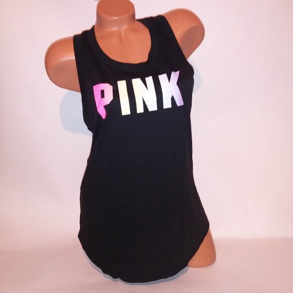 Victoria Secret PINK Tank Top Black Multi Logo Solid Open Cutout Back Sleeveless - Picture 11 of 16